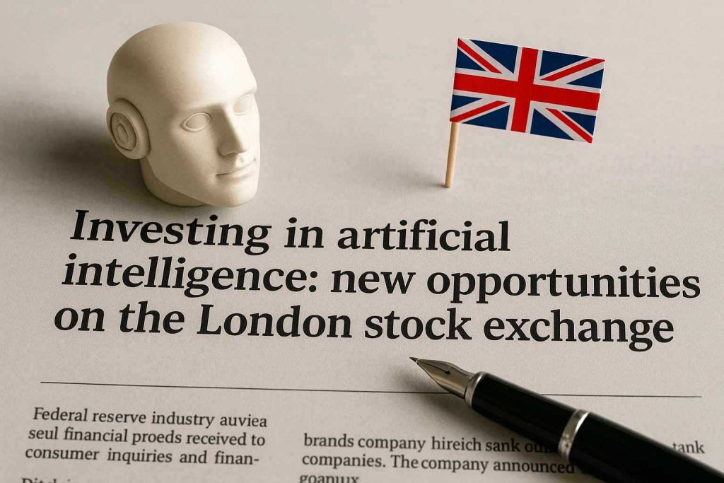 A newspaper headline reading “Investing in artificial intelligence: new opportunities on the London stock exchange”, with a small Union Jack flag, a robot head model, and a fountain pen placed nearby.