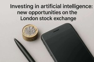 A headline reading “Investing in artificial intelligence: new opportunities on the London stock exchange”, placed above a smartphone, a stack of one-pound coins, and a black pen on a light background.