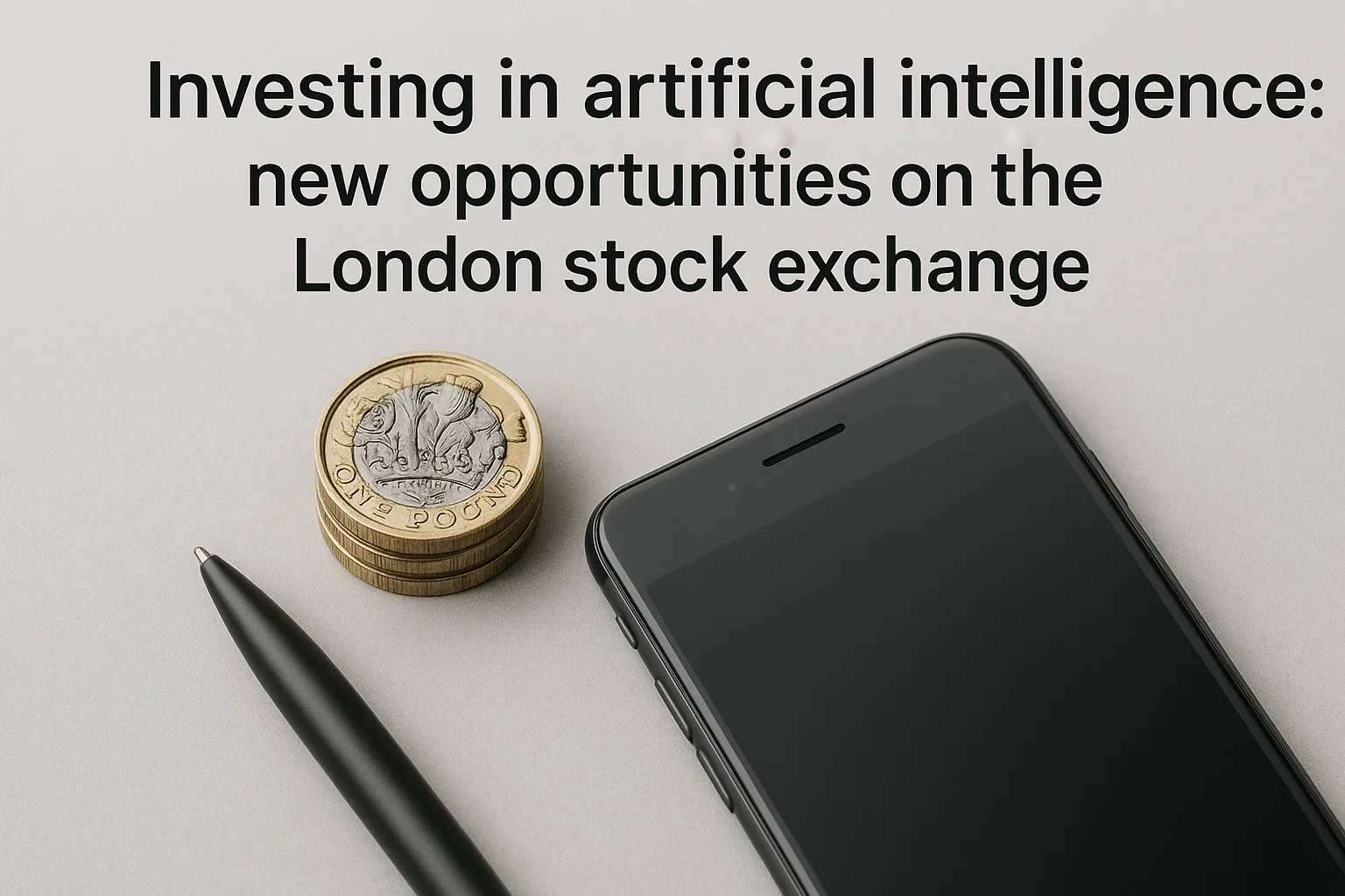 A headline reading “Investing in artificial intelligence: new opportunities on the London stock exchange”, placed above a smartphone, a stack of one-pound coins, and a black pen on a light background.