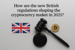 British flag, judge’s gavel, and a golden Bitcoin coin placed on a gray background below the text “How are the new British regulations shaping the cryptocurrency market in 2025?”, symbolizing the impact of UK financial regulations on the crypto market.