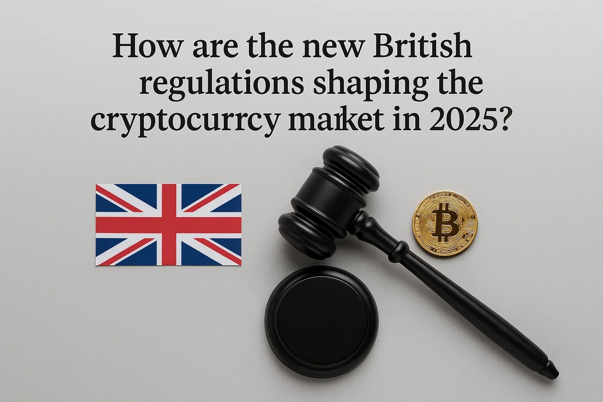 British flag, judge’s gavel, and a golden Bitcoin coin placed on a gray background below the text “How are the new British regulations shaping the cryptocurrency market in 2025?”, symbolizing the impact of UK financial regulations on the crypto market.
