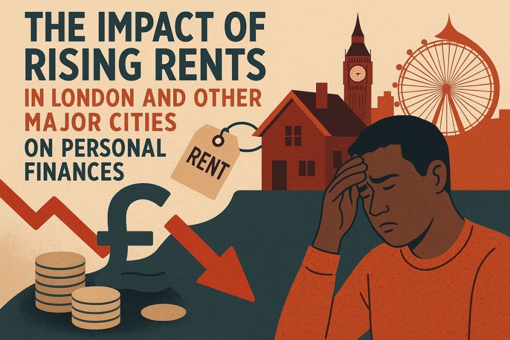 Illustration depicting the impact of rising rents in London and other major cities on personal finances. A worried man holds his head in front of a house, the Big Ben, and the London Eye. To the left, a downward red arrow, coins, and a large pound sign symbolize financial decline. The color palette uses muted reds, browns, and beige tones to convey economic stress and falling finances.