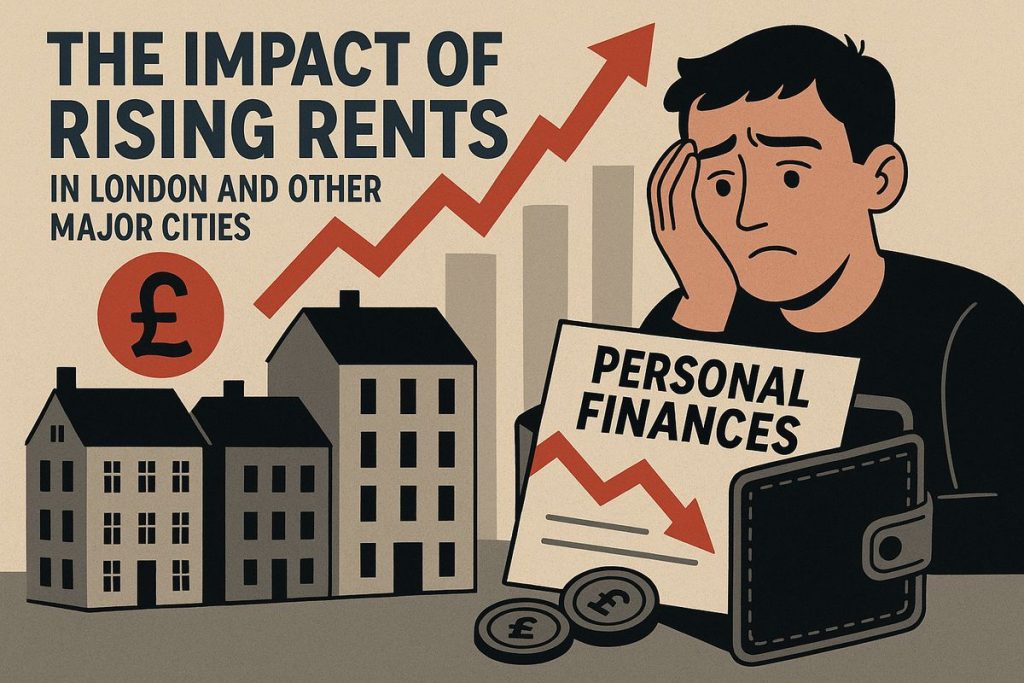 Illustration about the impact of increasing rents on personal finances in London and other major cities. A concerned man rests his face on his hand while looking at a paper labeled “Personal Finances” showing a downward red graph. Behind him are houses and an upward red arrow with a pound symbol, representing rent inflation and worsening personal finances. The design uses beige, gray, and dark red tones.