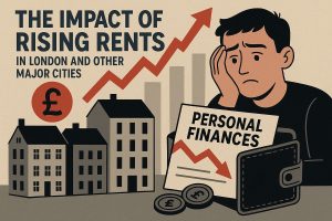 Illustration about the impact of increasing rents on personal finances in London and other major cities. A concerned man rests his face on his hand while looking at a paper labeled “Personal Finances” showing a downward red graph. Behind him are houses and an upward red arrow with a pound symbol, representing rent inflation and worsening personal finances. The design uses beige, gray, and dark red tones.