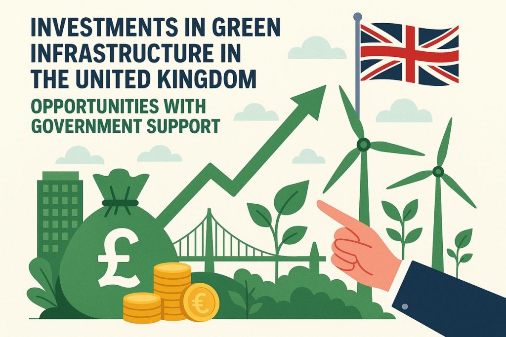 Illustration showing a financial concept of green infrastructure investments in the United Kingdom. A hand points toward a rising green arrow with coins, a pound symbol, leaves, wind turbines, and the UK flag in the background, symbolizing economic growth supported by sustainability and government initiatives.