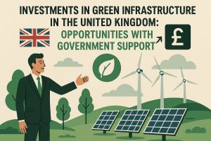 Illustration depicting a businessman in a green suit presenting renewable energy projects in the UK, with solar panels, wind turbines, trees, and the Union Jack flag. The text reads “Investments in green infrastructure in the United Kingdom: opportunities with government support,” highlighting sustainability and financial potential.