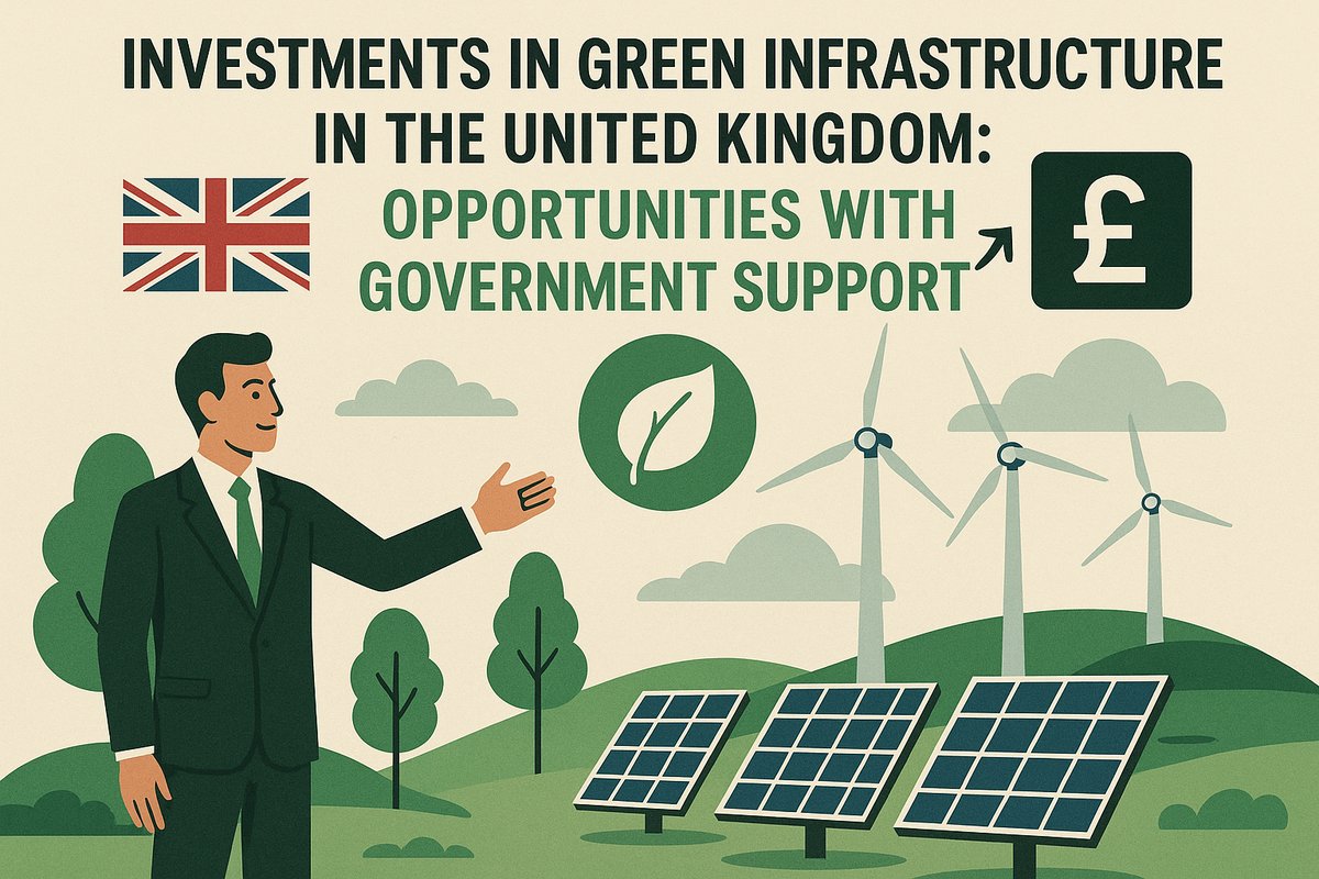 Illustration depicting a businessman in a green suit presenting renewable energy projects in the UK, with solar panels, wind turbines, trees, and the Union Jack flag. The text reads “Investments in green infrastructure in the United Kingdom: opportunities with government support,” highlighting sustainability and financial potential.